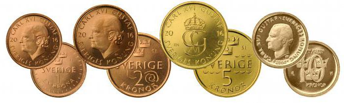 Валутата на Швеция. Монети в купюри от 1, 2, 5, 10 крони.